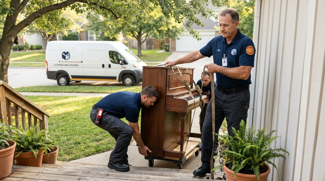 Licensed piano movers securing grand piano in Kearney, NE