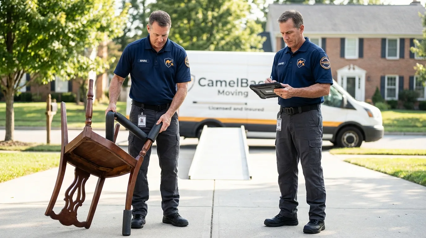 Movers inspecting furniture for damage prevention before loading in Kearney, NE